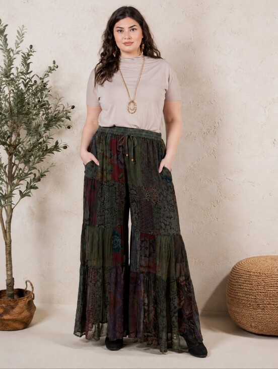 Young Threads Pants - Young Threads Retro Revival Flared Boho Patchwork Pants – Basil